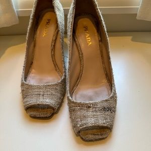 Prada cotton tweed peep toe heel 38